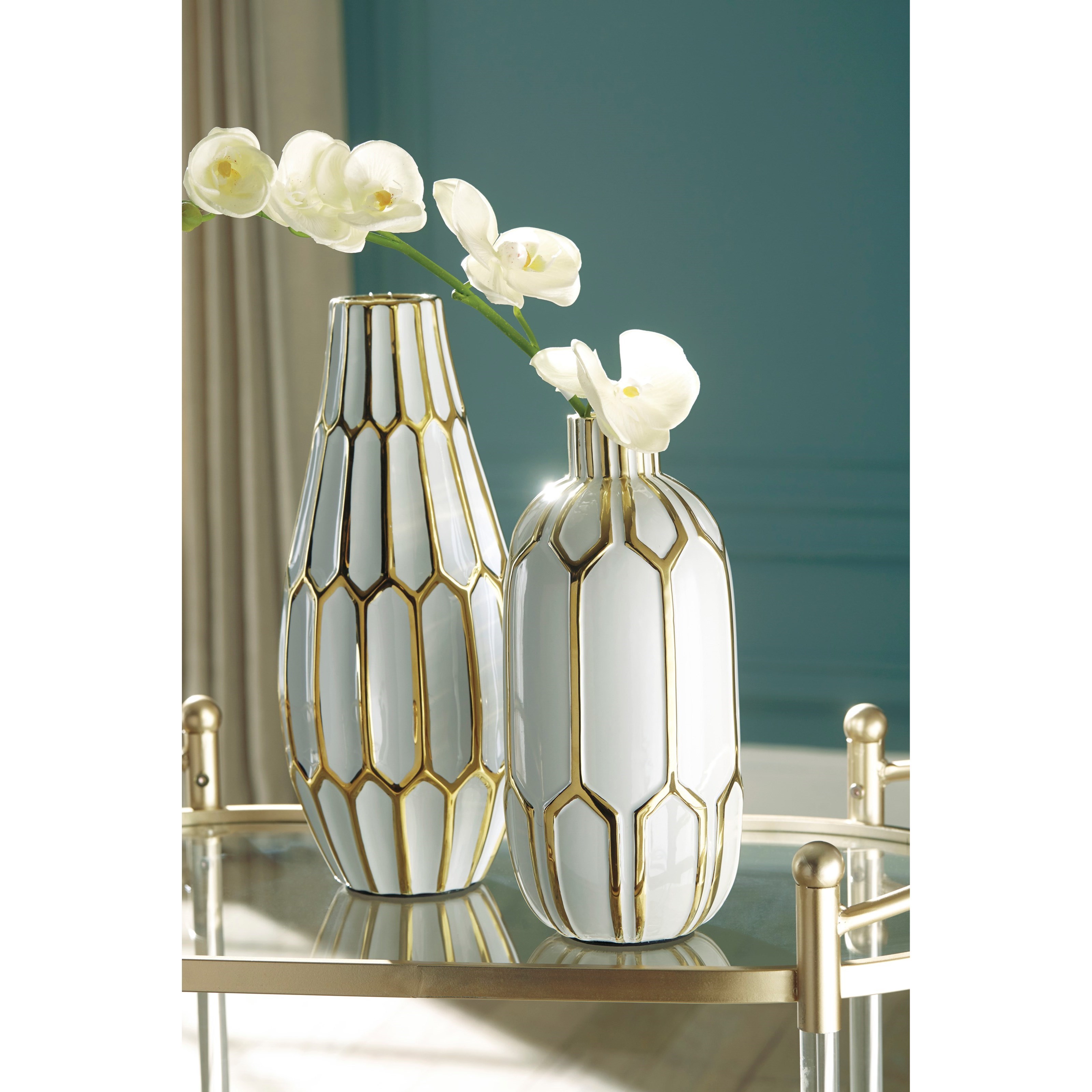 Signature Design by Ashley Accents Mohsen Gold Finish/White Vase Set